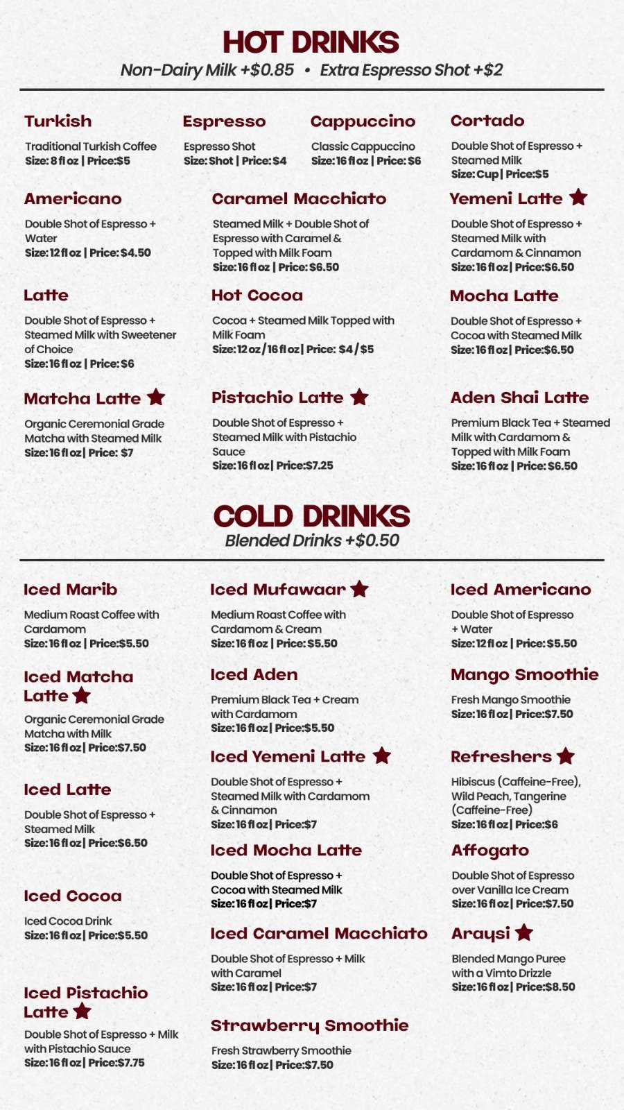 Hot and cold drinks menu