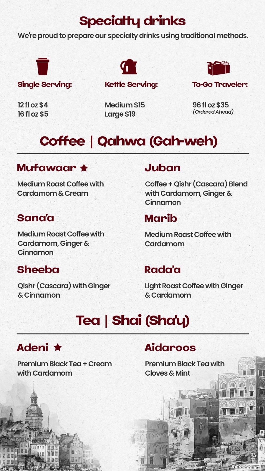 Specialty drinks menu
